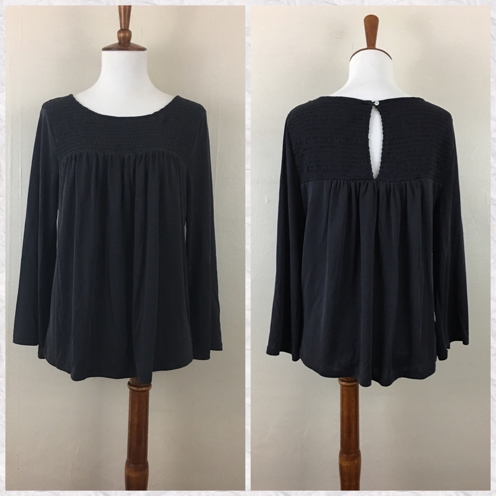 Lucky Brand Dusty Black Smocked‎ 3/4 Sleeve Top